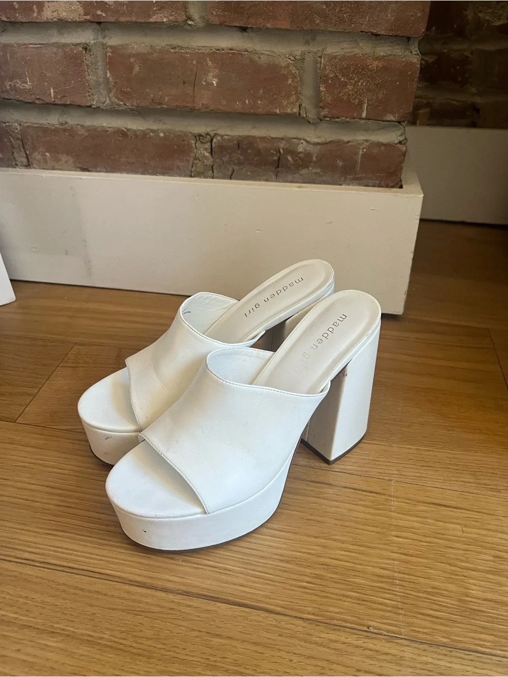 Madden Girl White Platform Mule Heels